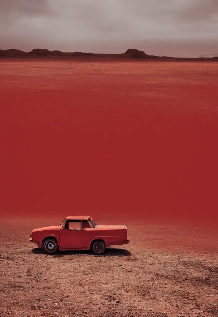 Image similar to “a red car is parked in the middle of the desert, a matte painting by Scarlett Hooft Graafland, featured on unsplash, australian tonalism, anamorphic lens flare, cinematic lighting, rendered in unreal engine”