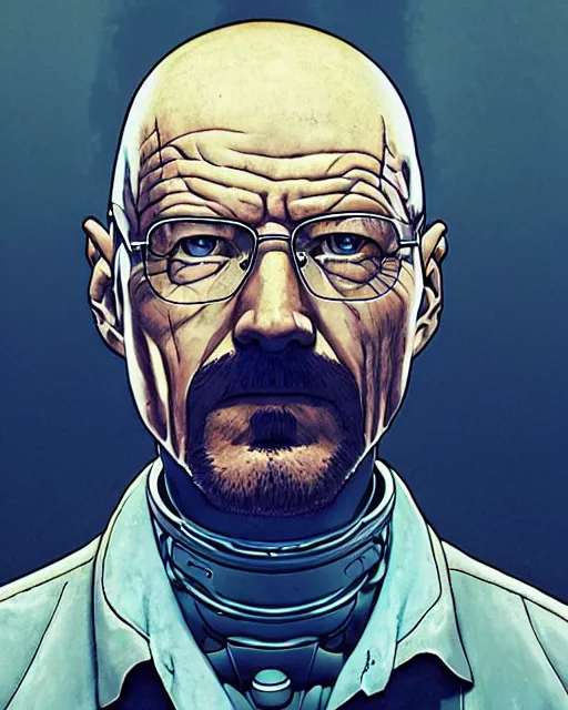 Image similar to portrait of walter white as a robot, cybernetic enhancements, art by makoto shinkai and alan bean, yukito kishiro