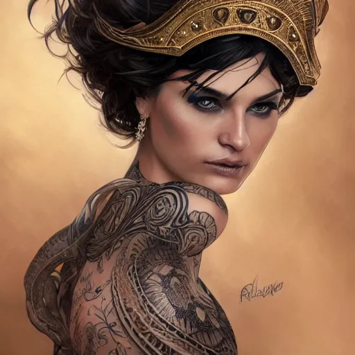 Image similar to an attractive young tattooed female with piercings wearing an white ornate metallic helmet, helena christensen, olive skin, long dark hair, beautiful bone structure, intricate, elegant, highly detailed, digital painting, artstation, concept art, smooth, sharp focus, illustration, art by artgerm and greg rutkowski and alphonse mucha