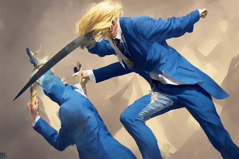 Image similar to a blond man in a blue suit attacked by flying swords, organic painting, sunny day, matte painting, bold shapes, hard edges, street art, trending on artstation, by huang guangjian, gil elvgren, ruan jia, randy vargas, greg rutkowski