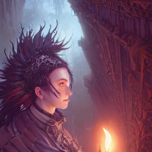 Image similar to highly detailed portrait from a gothic man with a mohawk and designer beard, stephen bliss, unreal engine, fantasy art by greg rutkowski, loish, rhads, ferdinand knab, makoto shinkai and lois van baarle, ilya kuvshinov, rossdraws, tom bagshaw, global illumination, radiant light, detailed and intricate environment