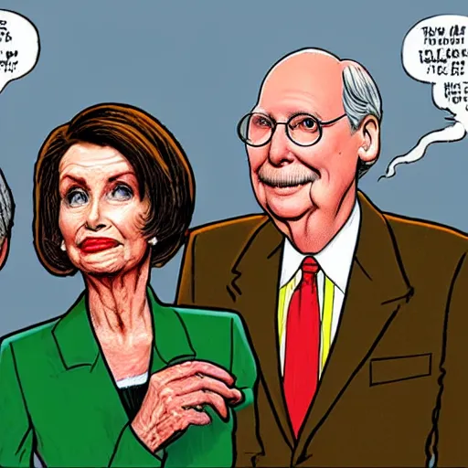 Image similar to The Artwork of R. Crumb and his Cheap Suit Mitch McConnell and Nancy Pelosi, pencil and colored marker artwork, trailer-trash lifestyle