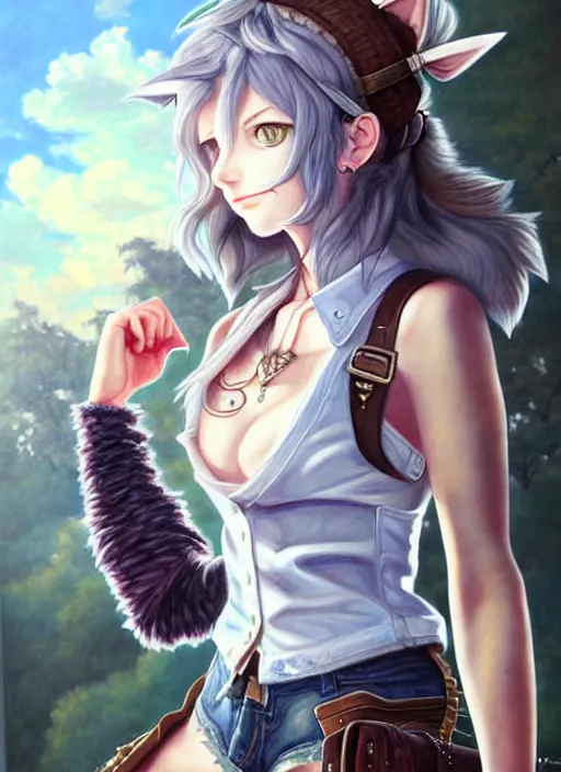 Prompt: a portrait of catgirl wearing white vest, and denim shorts an ultrafine detailed painting, detailed painting, boris valejo. octopath traveler