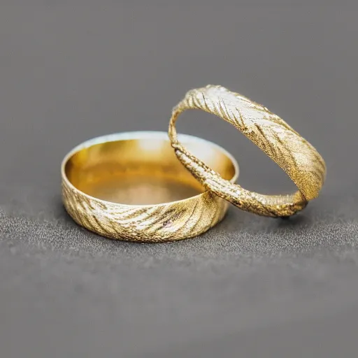 Image similar to gold wedding rings, thin, twist in the middle water texture on the ring, white background