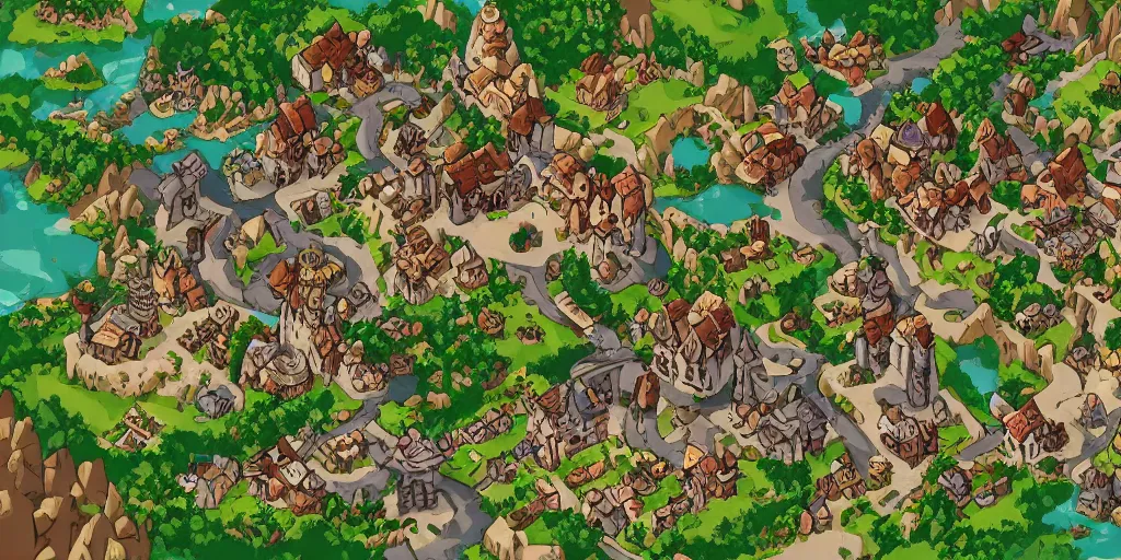 Image similar to a high detailed village vector art presenting an aerial view of a cartoonish rpg village by dungeondraft, dofus, patreon content, containing tables and walls, hd, straight lines, vector, grid, dnd map, map patreon, fantasy maps, foundry vtt, fantasy grounds, aerial view, dungeondraft, tabletop, inkarnate, dugeondraft, roll 2 0