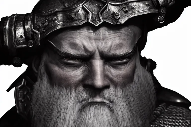 Image similar to still photo of 8 th century war man looking at the camera, black and white color aesthetic, highly detailed, photorealistic portrait, bright studio setting, studio lighting, crisp quality and light reflections, unreal engine 5 quality render