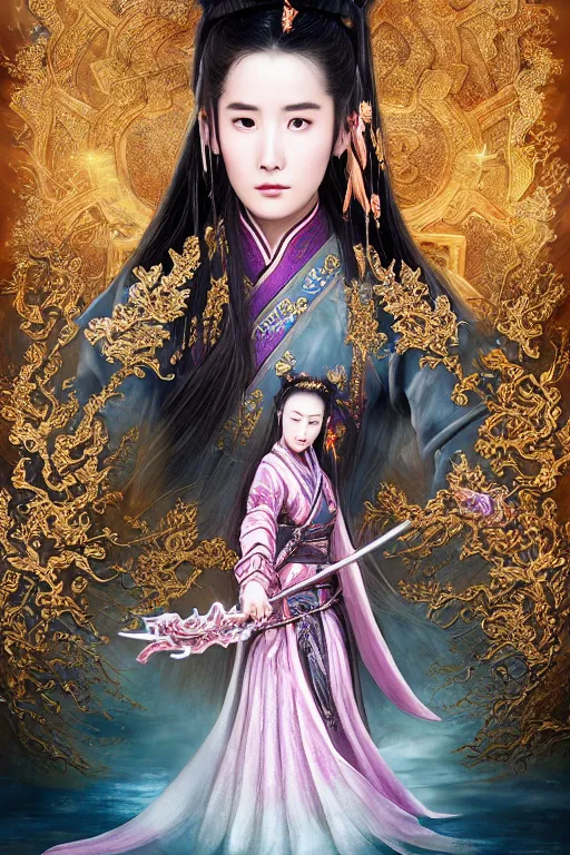 Image similar to beautiful ancient fantasy portrait of wuxia armored heroine, Liu Yifei, Zhao Lu Si wearing like Xian Xia wardrobe, in forbidden City, hybrid from Dynasty Warriror, flowers sea rainning everywhere, intricate, very very beautiful, elegant, highly detailed, digital painting, beautiful glowing galaxy eyes, human anatomy, hyperrealistic, soft light, dynamic, artstation, fantasy concept art, smooth, sharp focus, illustration, art by alphonse mucha and WLOP and tian zi