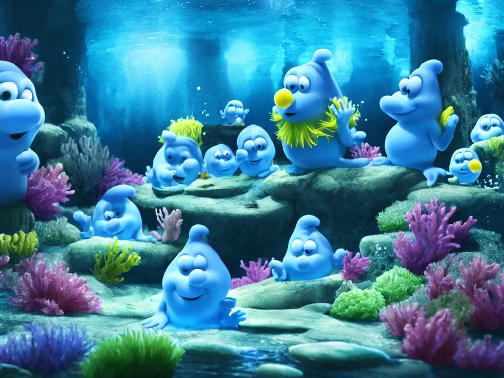 Image similar to underwater smurfs wearing white hats swimming with bioluminescent fishes, photorealistic painting, cgi, low volumetric light, movie still, very cute and cozy and fluffy and sweet