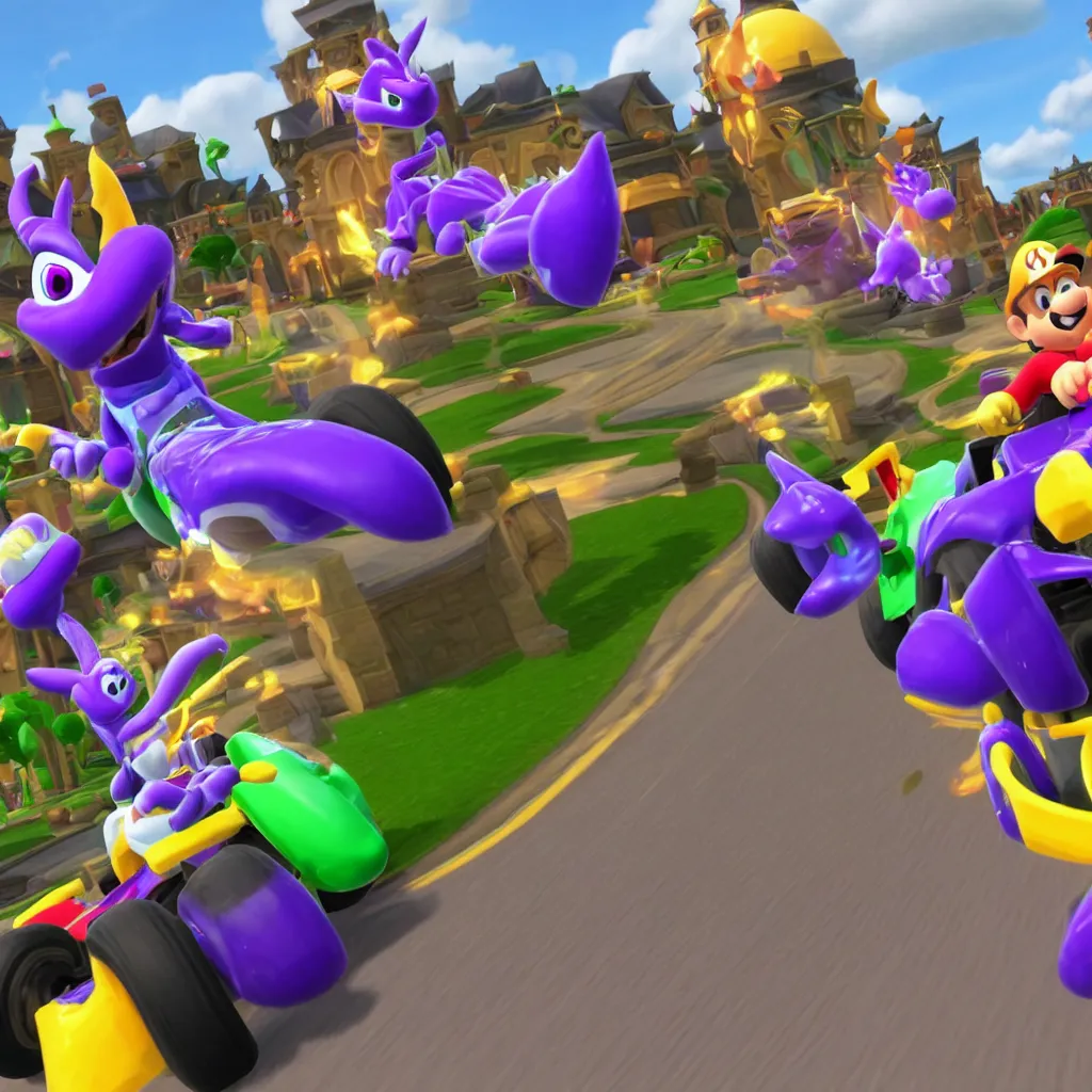 Prompt: race as spyro the dragon in mario kart 8 deluxe