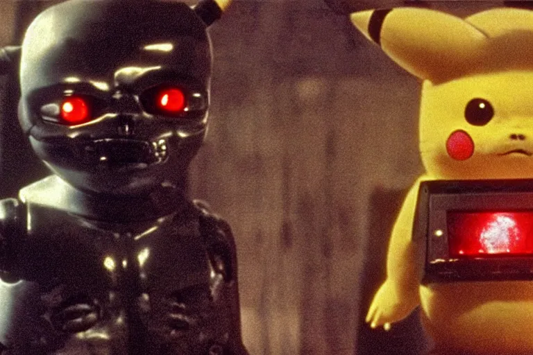 Image similar to Terminator Pikachu scene where his endoskeleton gets exposed and his eye glows red, still from the film by H. R. Giger in color