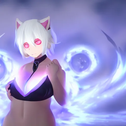 Prompt: a cute white-haired catgirl with glowing eyes 4k cinematic