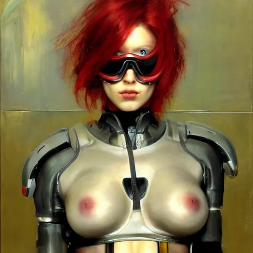 Image similar to red haired female, cyberpunk, wearing futuristic goggle, cyborg ; photorealistic, hyper real, 8 k, high details, detailed painting, epic lighting, by ilya repin, phil hale and kent williams