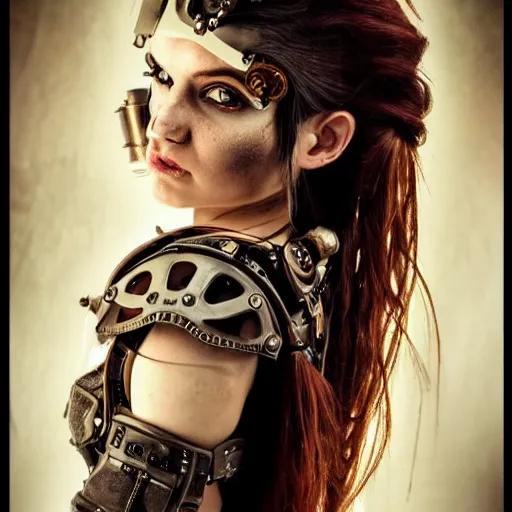 Prompt: beautiful half human half steampunk cyborg portrait, steampunk, extremely detailed, lush, gears, pretty, cinematic lighting, epic, intense, long hair, brown eyes, cool,
