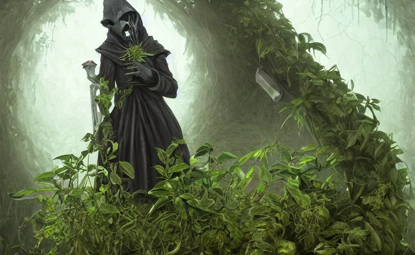 Image similar to female plague doctor overgrown by plants, creeping ivy, drowning, heavy rain, wind, thunder, reflections, deep focus, d & d, fantasy, intricate, elegant, highly detailed, digital painting, artstation, concept art, matte, sharp focus, illustration, hearthstone, art by artgerm and greg rutkowski and alphonse mucha