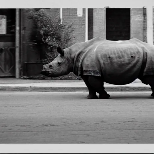 Image similar to photograph of a rhinoceros running down a crowded street