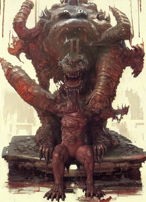 Prompt: hulking brute demon sitting on throne in science fiction hall, by sergey kolesov and lawrence alma tadema and norman rockwell and greg staples and craig mullins and john berkey and rick berry and jeremy mann, artstation creature art