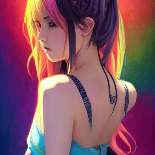 Image similar to portrait of beautiful symmetrical anime girl, rainbow hair, attractive, casual, modern, victoria's secret, highly detailed, digital painting, artstation, concept art, smooth, sharp focus, illustration, art by artgerm, greg rutkowski and alphonse mucha, 8 k,