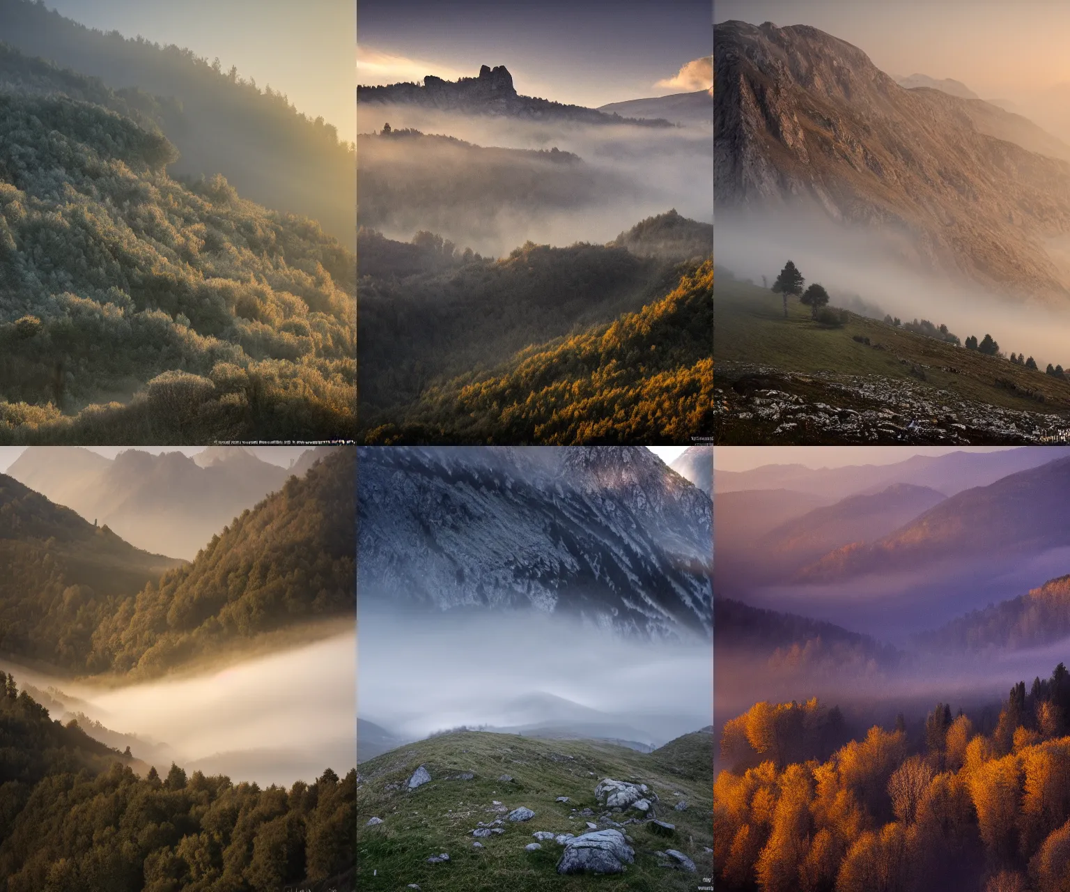 Prompt: photos i took in the mountains of italy, mist, at dawn, awarded photograher, national geographic, david noton