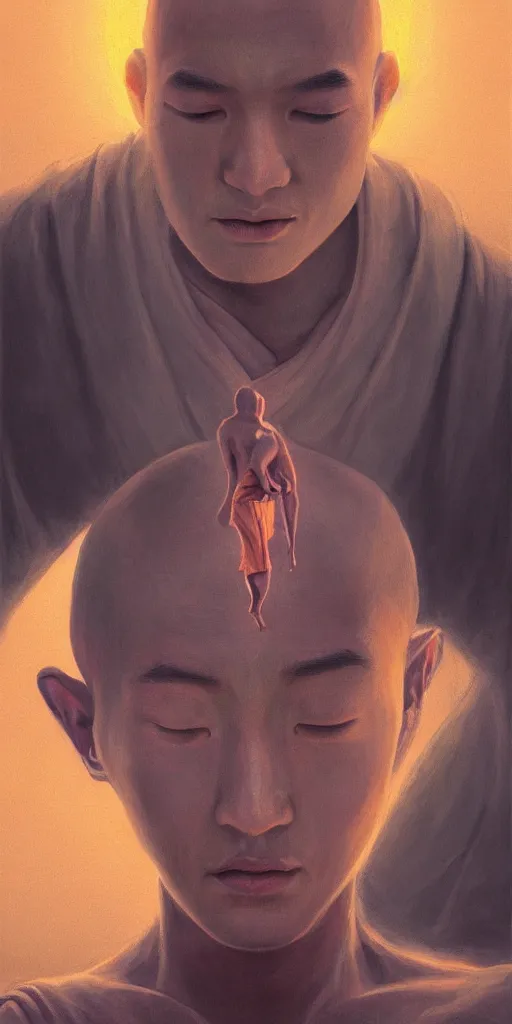 Image similar to portrait of a serene futuristic buddhist monk experiencing ego death, sunrise, heroic lighting, cyberpunk, intricate, elegant, highly detailed, lifelike, photorealistic, digital painting, artstation, illustration, concept art, smooth, sharp focus, art by John Collier and Albert Aublet, bright warm colour tone