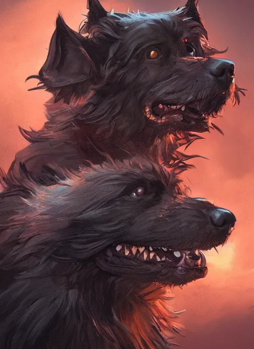 Image similar to vicious dog with three heads, glowing eyes and matted fur, sinister portrait, highly detailed, digital painting, artstation, concept art, matte, sharp focus, illustration, dramatic, cinematic sunset, hearthstone, art by artgerm and greg rutkowski and alphonse mucha