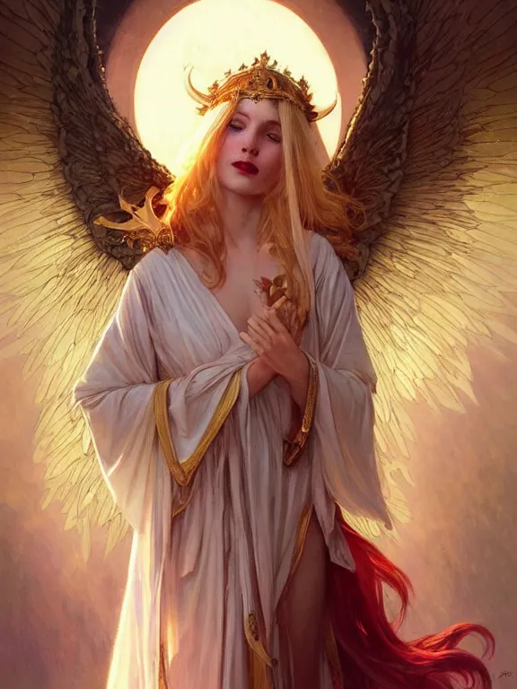 Prompt: priestess with angelical wings, golden hair, fluorescent eyes, white skin, lipstick, beautiful, goodness, pure, high fantasy, illustration, by artgerm, greg rutkowski, alphonse mucha