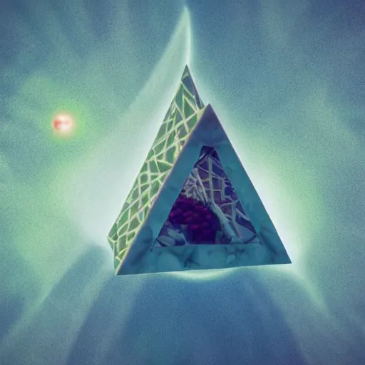 Prompt: extraterrestrial angelic geometric valley pyramid chickadee coffee berry sauerkraut , by Benoit B. Mandelbrot and Paul Gauguin and David Hocknet , trending on artstation , Rendered in Cinema4D , NFT