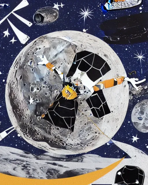 Image similar to A collage, made of random shapes cut from fashion magazines, of Space Travel, landing on the moon, mid-century modern.