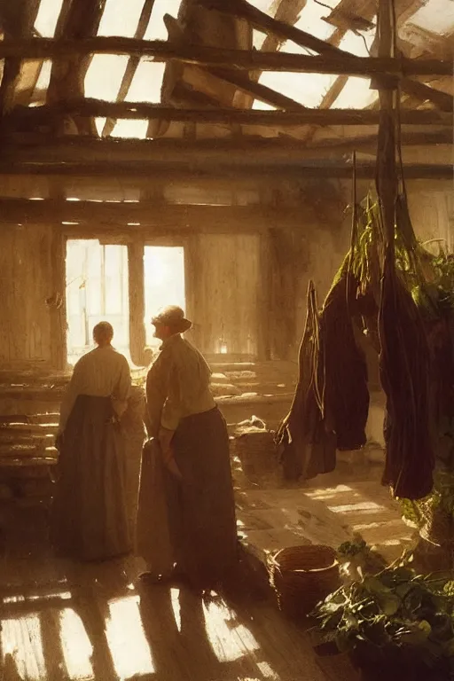 Image similar to simple amish farmers hanging tobacco in their well lit clean open barn, art by anders zorn, wonderful masterpiece by greg rutkowski, beautiful cinematic light, american romanticism thomas lawrence, greg rutkowski