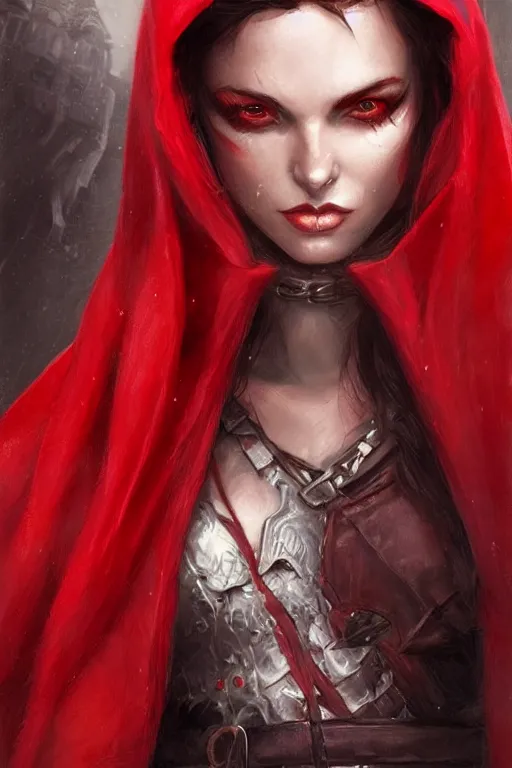 Image similar to thief red riding hood, d & d, fantasy, portrait, highly detailed, digital painting, trending on artstation, concept art, sharp focus, illustration, art by artgerm and greg rutkowski and magali villeneuve