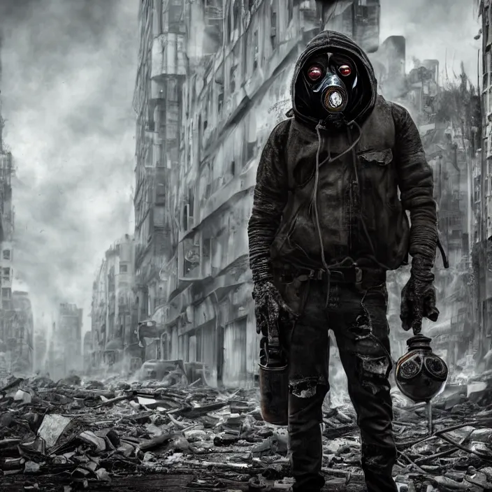 Image similar to gritty hooded apocalyptic man in gas mask standing in street of destroyed city, hyper - detailed, smooth, sharp focus, 4 k ultra hd, fantasy dark art, apocalyptic art