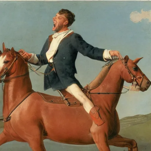 Prompt: a man sitting on a horse, he is screaming and holding both his arms up.