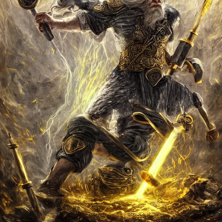 Prompt: mythological Odin all father god of thunder and artificial intelligence creating an artificial neural network with yellow synapses on an anvil with a hammer, high resolution, award winning art, trending on art station, sharp image, incredibly detailed, odin all father detailed character realistic painting