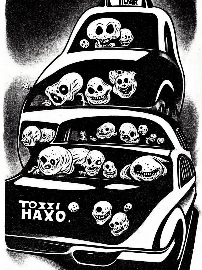 Image similar to Vintage Horror Illustration of a Blob Creature Consuming a Taxi Cab. Glowing , Spooky lighting , Pinterest