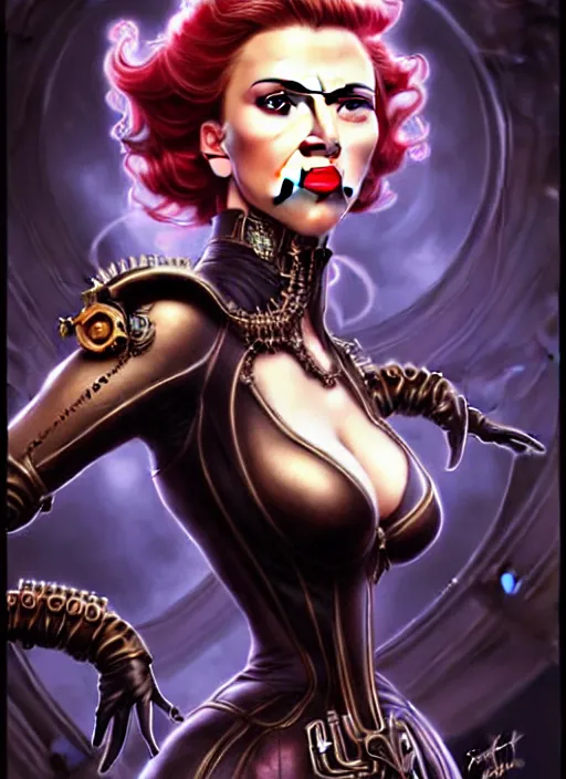 Prompt: front portrait hands on waist pose of attractive Scarlett Johansson as Lady Mechanika with dark wavy hair using white gloves, hand on waist pose!, Intricate steampunk imagery , D&D!, fantasy style, sharp focus!, ultra detailed, art by Artgerm and Peter Andrew Jones, WLUP