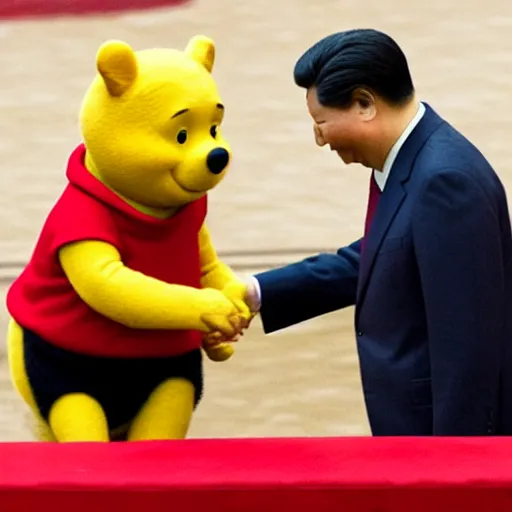 Image similar to winnie the pooh and xi jinping shaking hands in palace