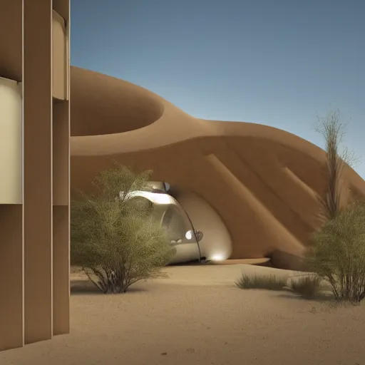 Image similar to biophilic conceptual hotel in the desert, high detaild, realistic, golden ratio