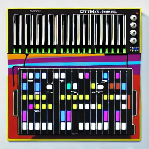 Prompt: orthographic, flat, technicolor'' wizard of analog synthesizers'' cover art