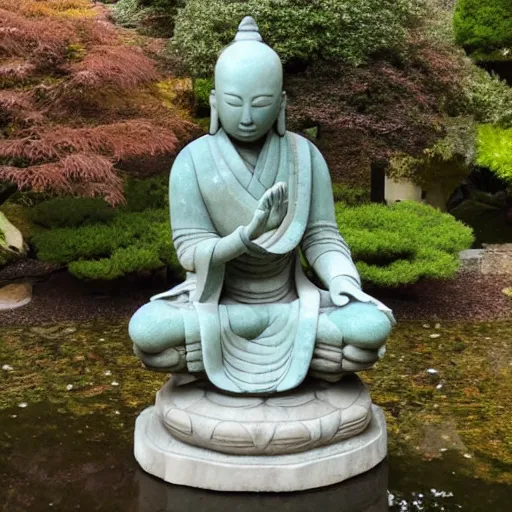 Prompt: marble statue of zenyatta meditating in a rococo japanese garden