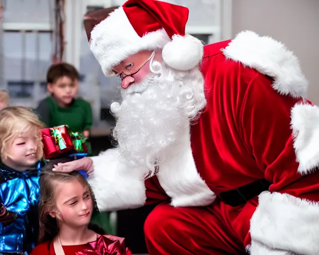 Prompt: The T-1000, dressed up as Santa, giving presents to kids