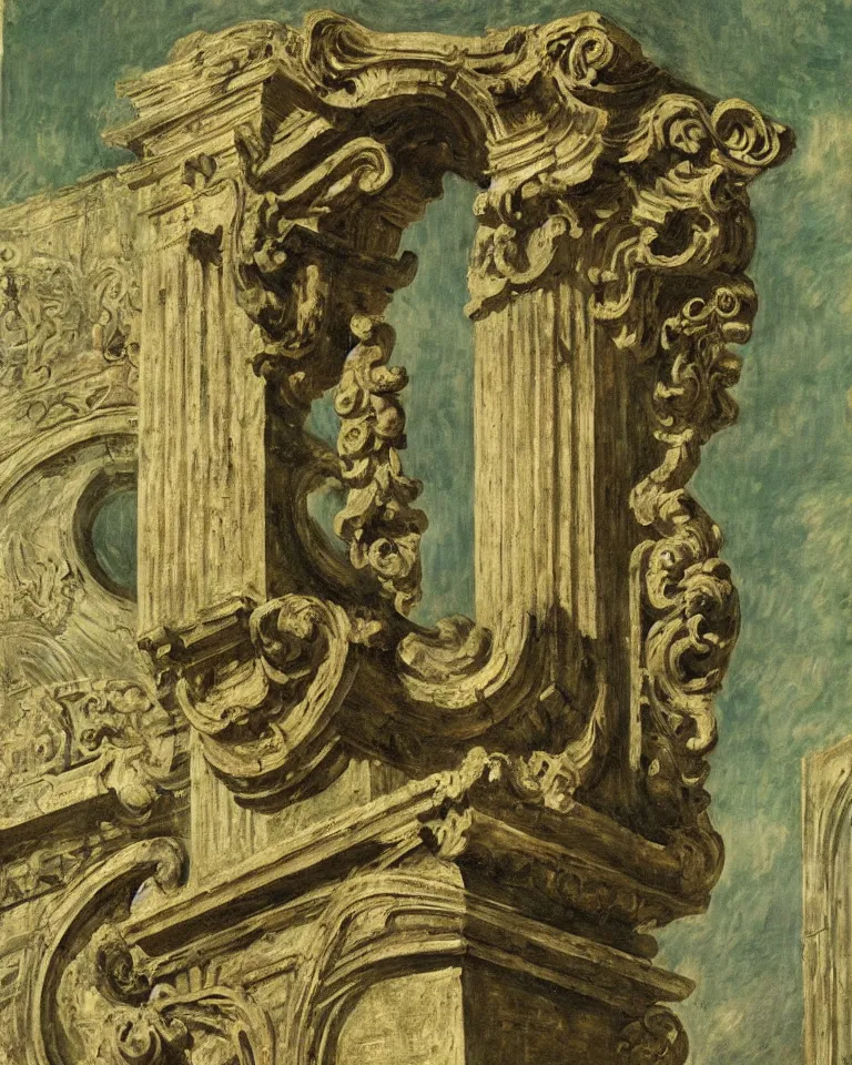 Image similar to achingly beautiful painting of intricate ancient roman corinthian capital on olive drab background by rene magritte, monet, and turner. giovanni battista piranesi.