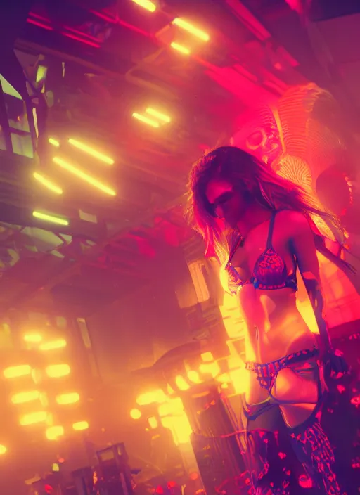 Image similar to neon bikini, intricate detail, volumetric lighting, epic composition, hyper detailed, ultra realistic, sharp focus, octane render, volumetric, ray tracing, artstation trending, cgsociety, sense of awe, swirling mist, 4 k