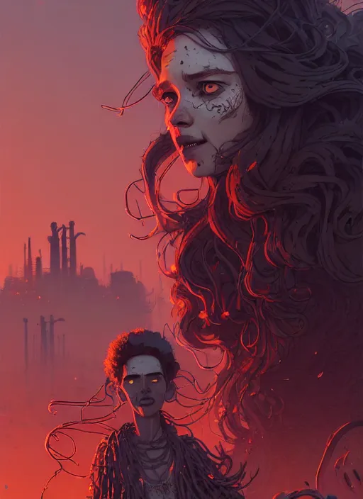 Image similar to highly detailed portrait of a wasteland long curly fire hair tribal lady, stray wiring by atey ghailan, james gilleard, by joe fenton, by greg rutkowski, by greg tocchini, by kaethe butcher, 4 k resolution, gradient red, orange, black and white color scheme!!! ( ( burning flaming robotic dystopian city background ) )