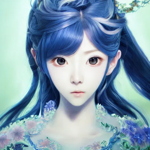 Image similar to the portrait of a blueberry that resembles an absurdly beautiful, graceful, elegant, sophisticated anime kpop idol, an ultrafine hyperdetailed illustration by kim jung gi, irakli nadar, intricate linework, bright colors, octopath traveler, final fantasy, unreal engine 5 highly rendered, global illumination, radiant light, detailed and intricate environment