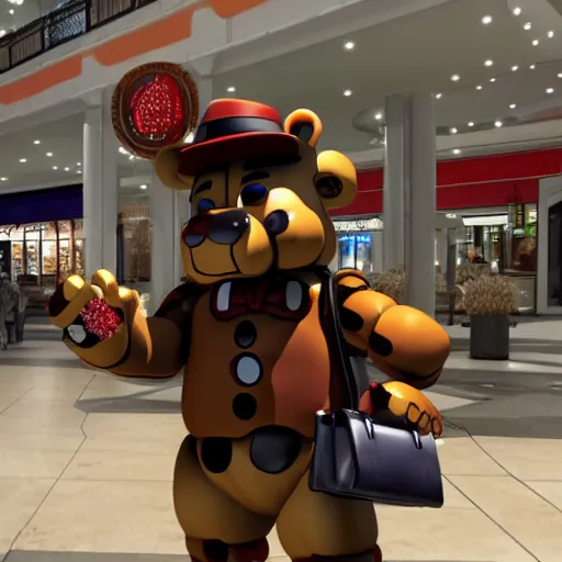 Image similar to Freddy Fazbear in a mall holding multiple bags, photorealistic, low-angle, 3D, 8K, as coherent as Dall-E 2