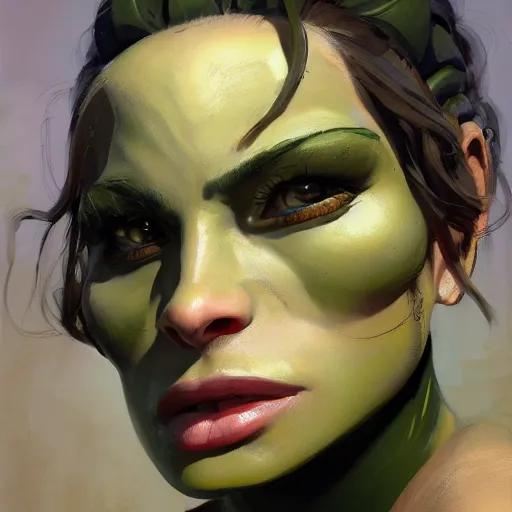 Image similar to greg manchess close - up portrait painting of a beautiful female dieselpunk orc with olive green skin as an overwatch character, medium shot, asymmetrical, profile picture, organic painting, sunny day, matte painting, bold shapes, hard edges, street art, trending on artstation, by huang guangjian and gil elvgren and sachin teng