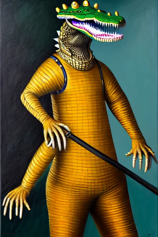 Image similar to royal portrait of an anthropomorphic male alligator fursona in fencing gear, furry art, oil on canvas, dramatic