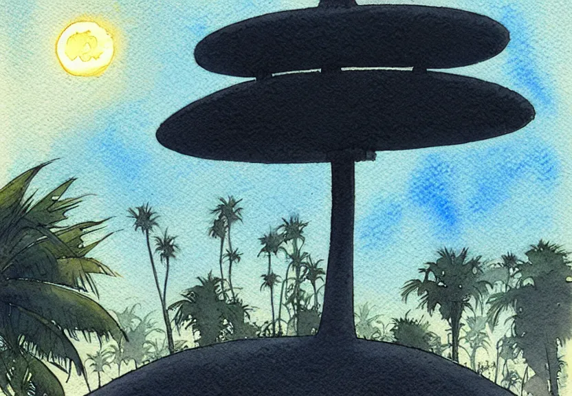 Image similar to a simple watercolor fantasy concept art of a dark grey boxy ufo next to a palm tree at night. by studio ghibli, rebecca guay, michael kaluta, charles vess