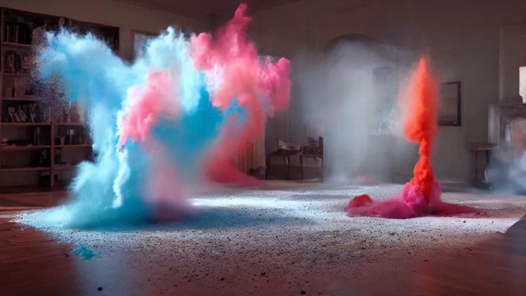 Image similar to colored powder explosion in the living room, film still from the movie directed by Denis Villeneuve with art direction by Salvador Dalí, wide lens