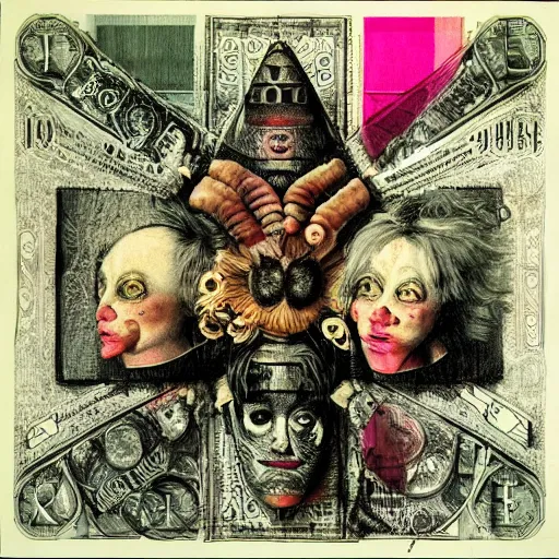 Image similar to post - punk new age album cover, asymmetrical design, dollar bank notes, capitalism, magic, apocalypse, psychedelic, black white pink, magic, giger h. r., giuseppe arcimboldo, peder aalto