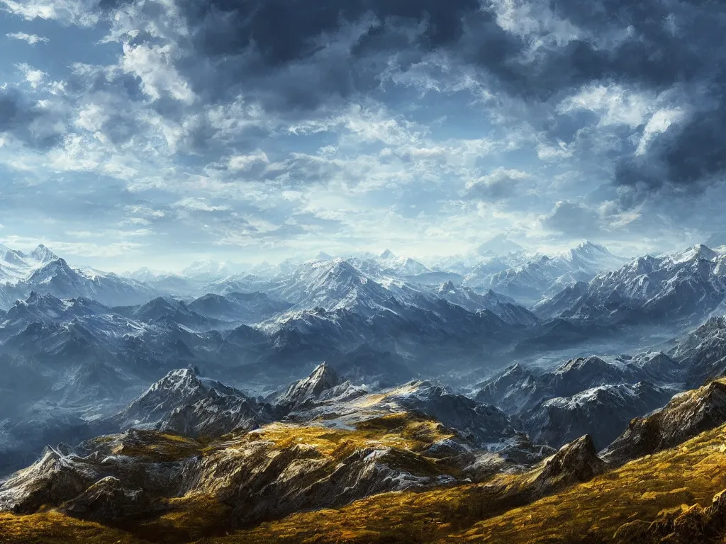 Prompt: view from a mountaintop, high mountains, alps, pyranees, digital painting, 4 k, wallpaper